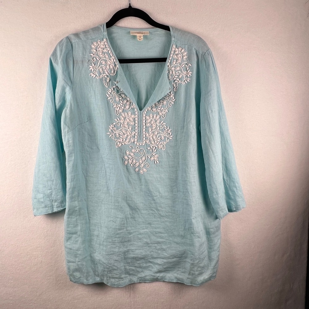 Charter Club Luxury Women M Aqua Linen Tunic White Beaded Neck Resort Boho